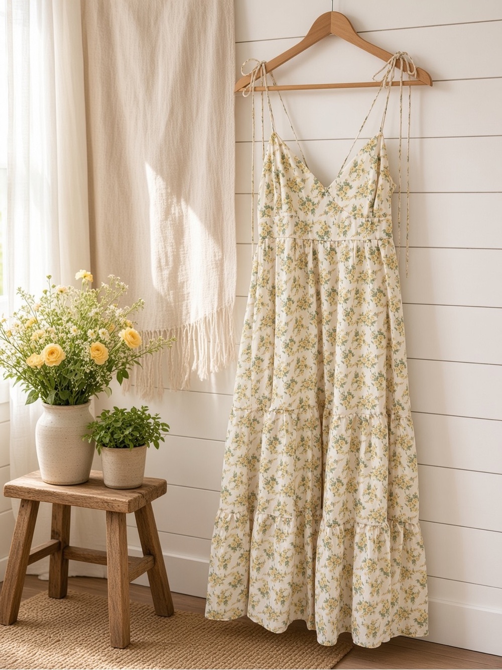 Floral print double self tie spaghetti strap tiered midi dress.